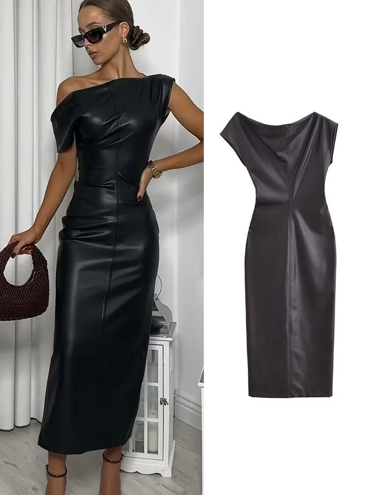 Vestido clásico de cuero negro para mujer