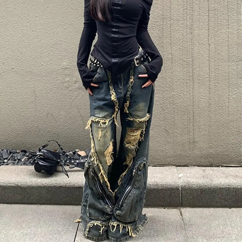 Pantalones holgados lavados de mujer azules