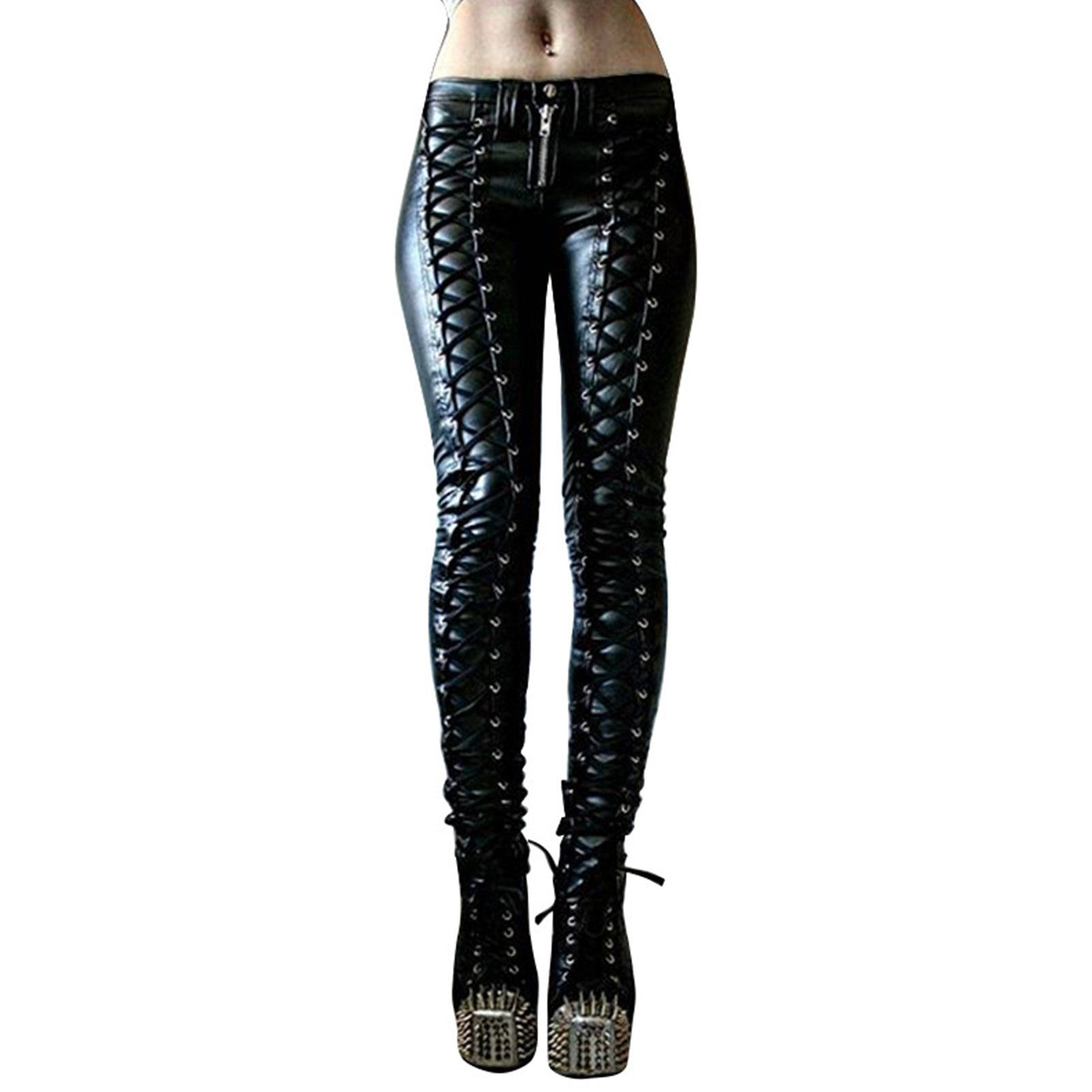 Goth black leather leggings trousers skinny hotsell tights pants women